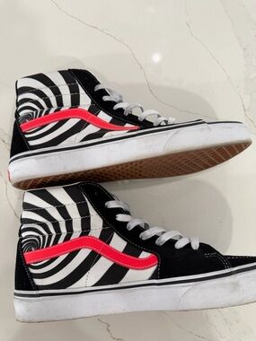 Vans High-Top Sneakers with Black & White Swirl and Neon Pink Stripe